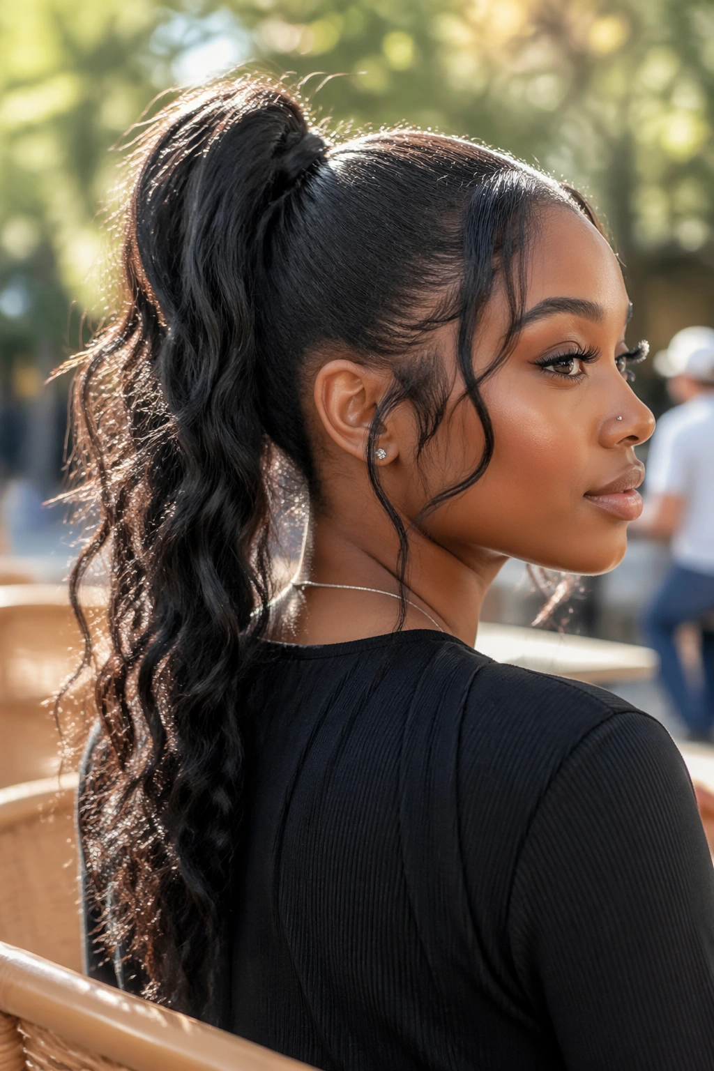 Close-up of a real person with a textured, messy quick weave ponytail featuring soft waves and a light frizz.