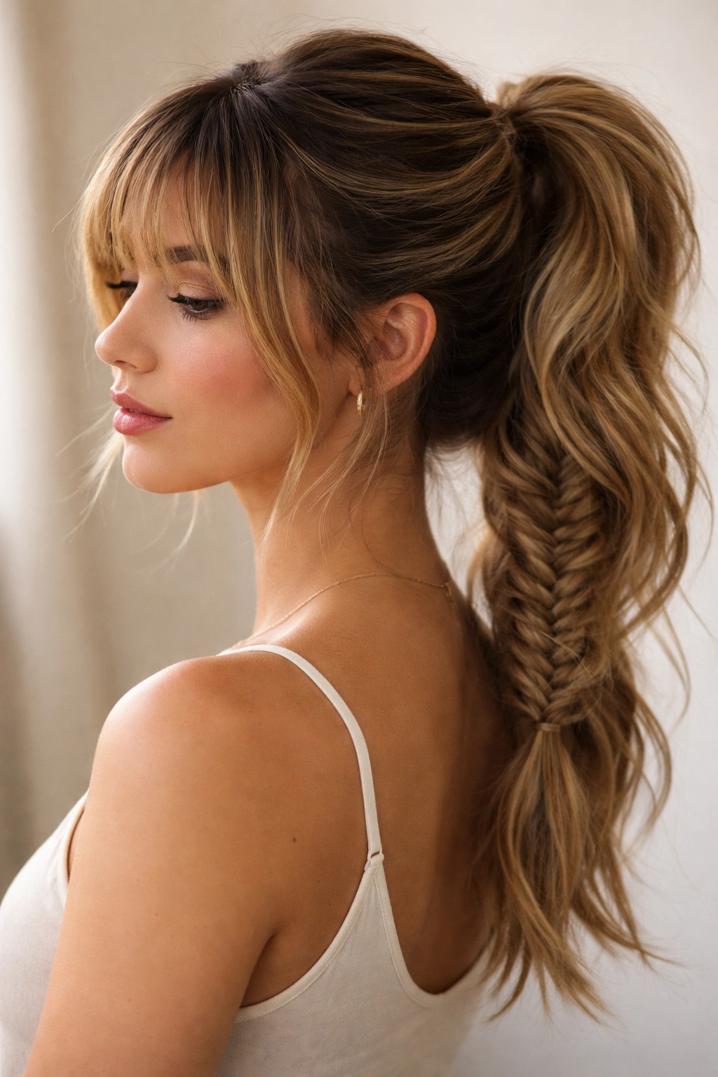 Textured mid-height fishtail ponytail with feathered bangs