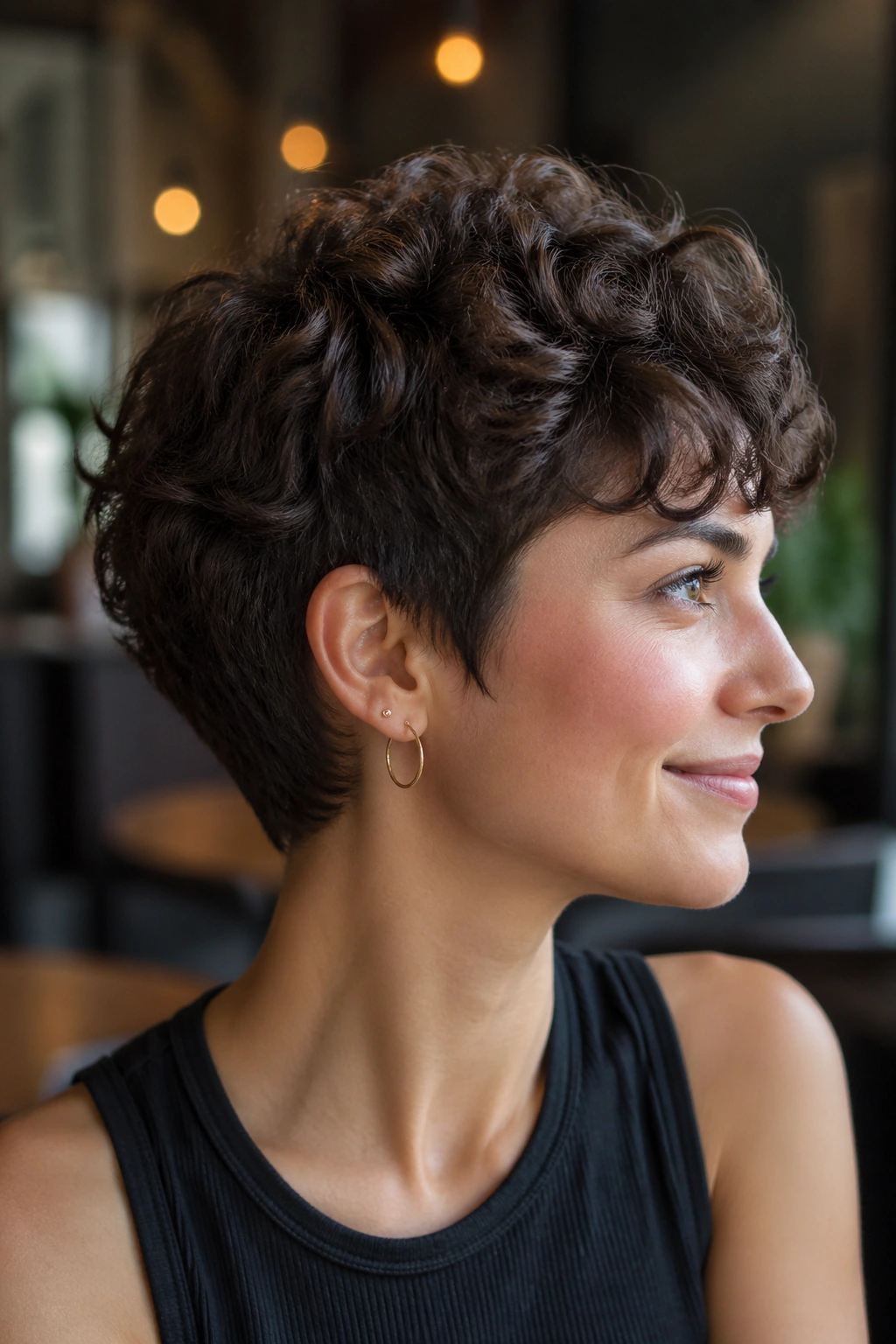 Close-up of real woman with textured pixie haircut in urban cafe lighting