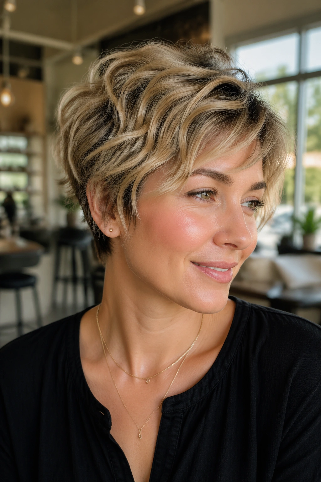 Close-up portrait of a real woman with a textured pixie bob showing movement