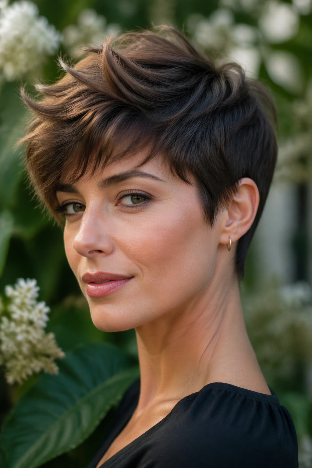 Close-up portrait of a woman with textured pixie and longer top in natural light