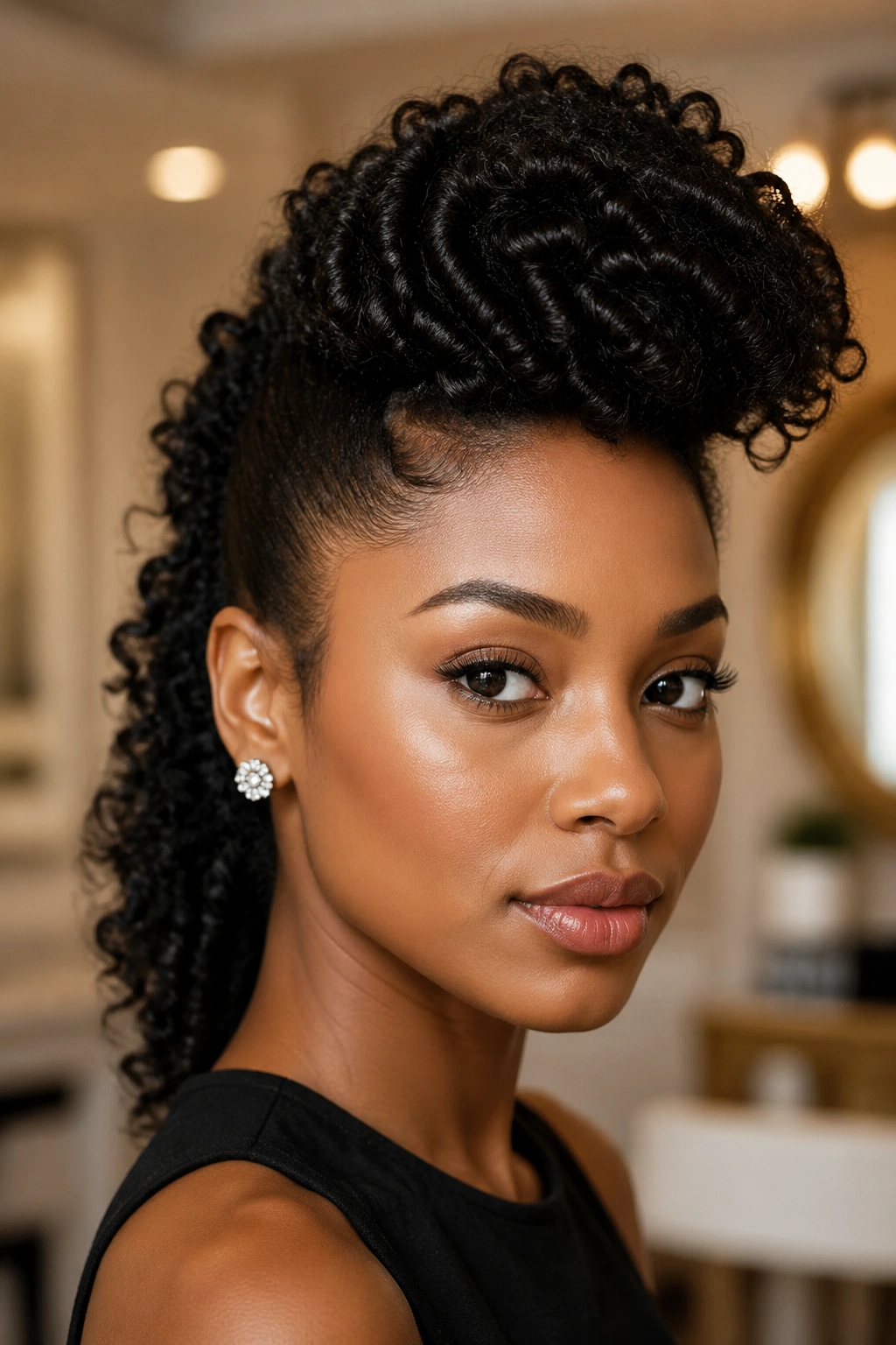 Close-up of a woman with a textured pompadour in warm ambient light