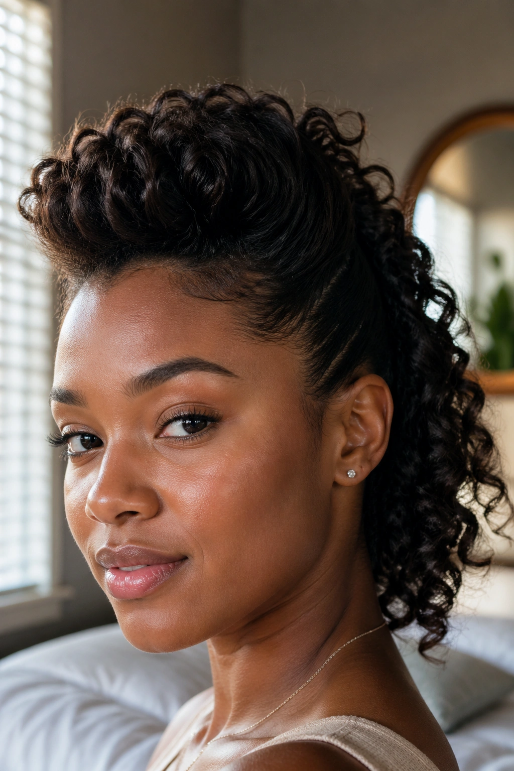 Close-up portrait of textured pompadour with curls on a real person, front pompadour and curled back, natural window light.