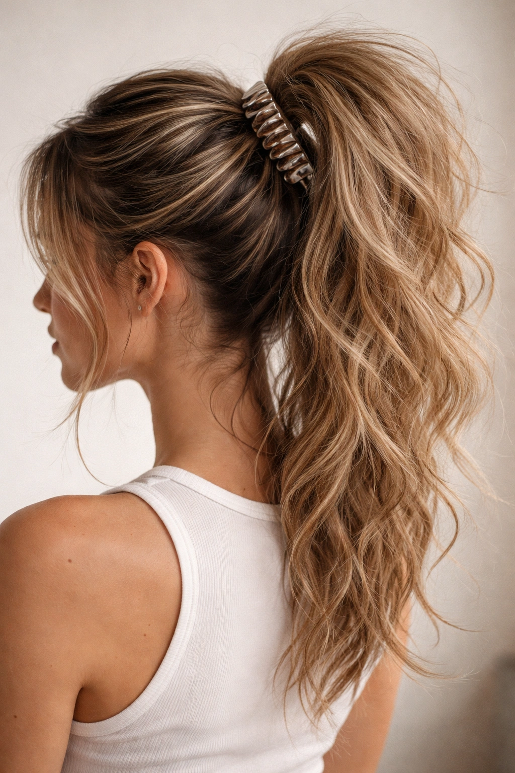 Messy textured high pony with dry spray for volume and grip
