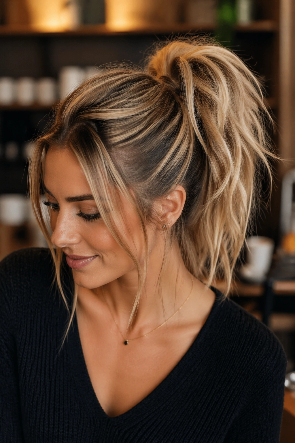 Real woman with piecey textured high ponytail in a cozy cafe interior.