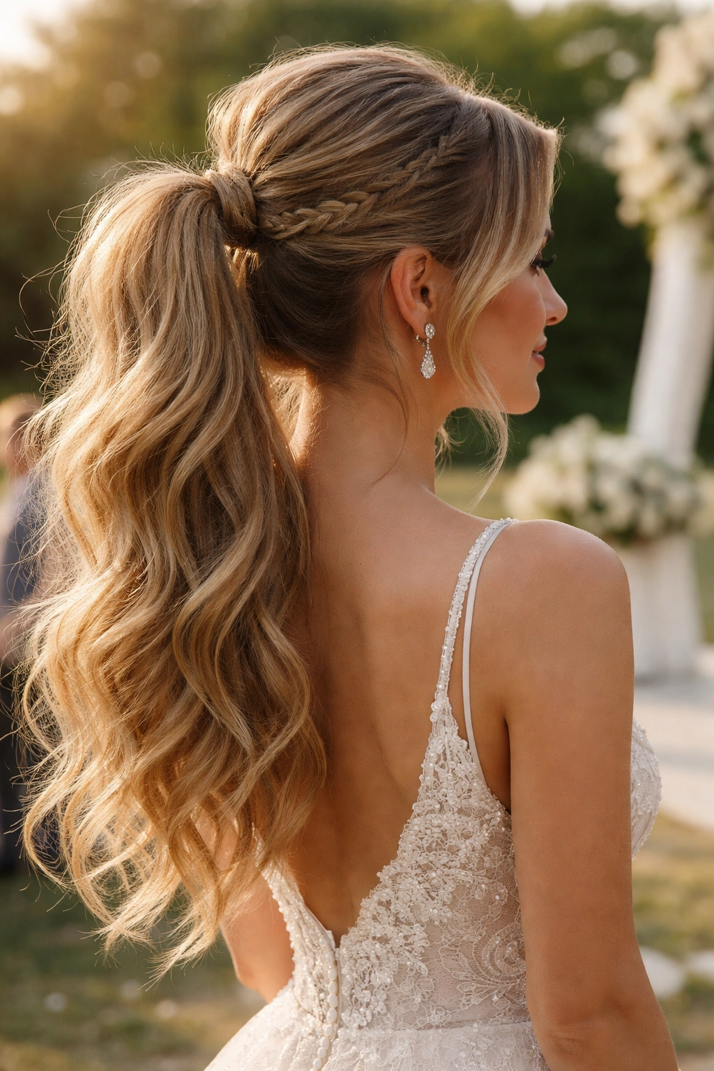 Textured ponytail with a tiny accent braid tucked behind the ear.