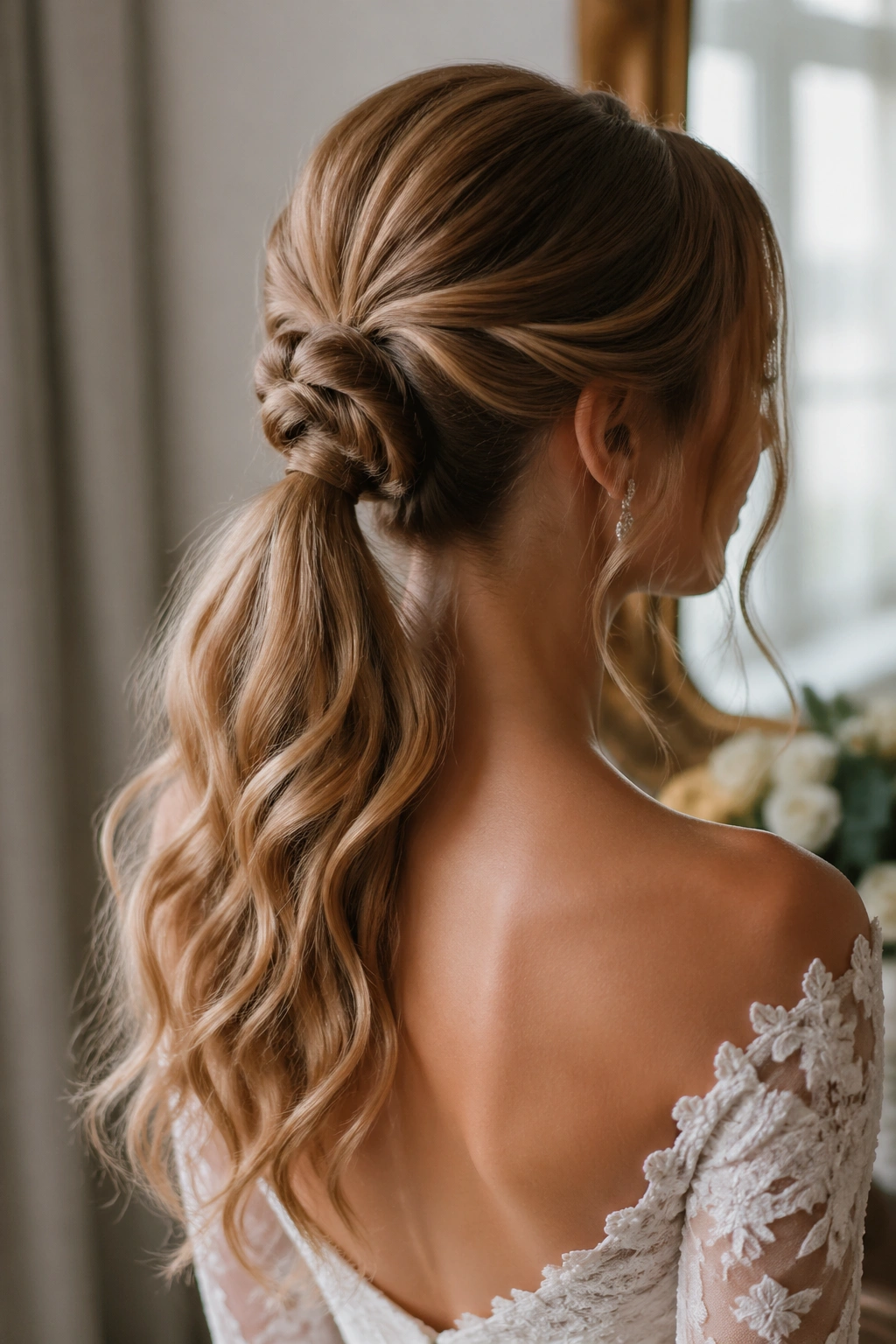 Close-up of a bride's ponytail with a mini chignon base at the nape