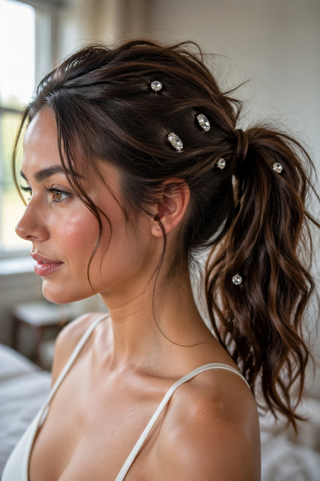 Close-up of textured ponytail with loose crystal pins on a real person