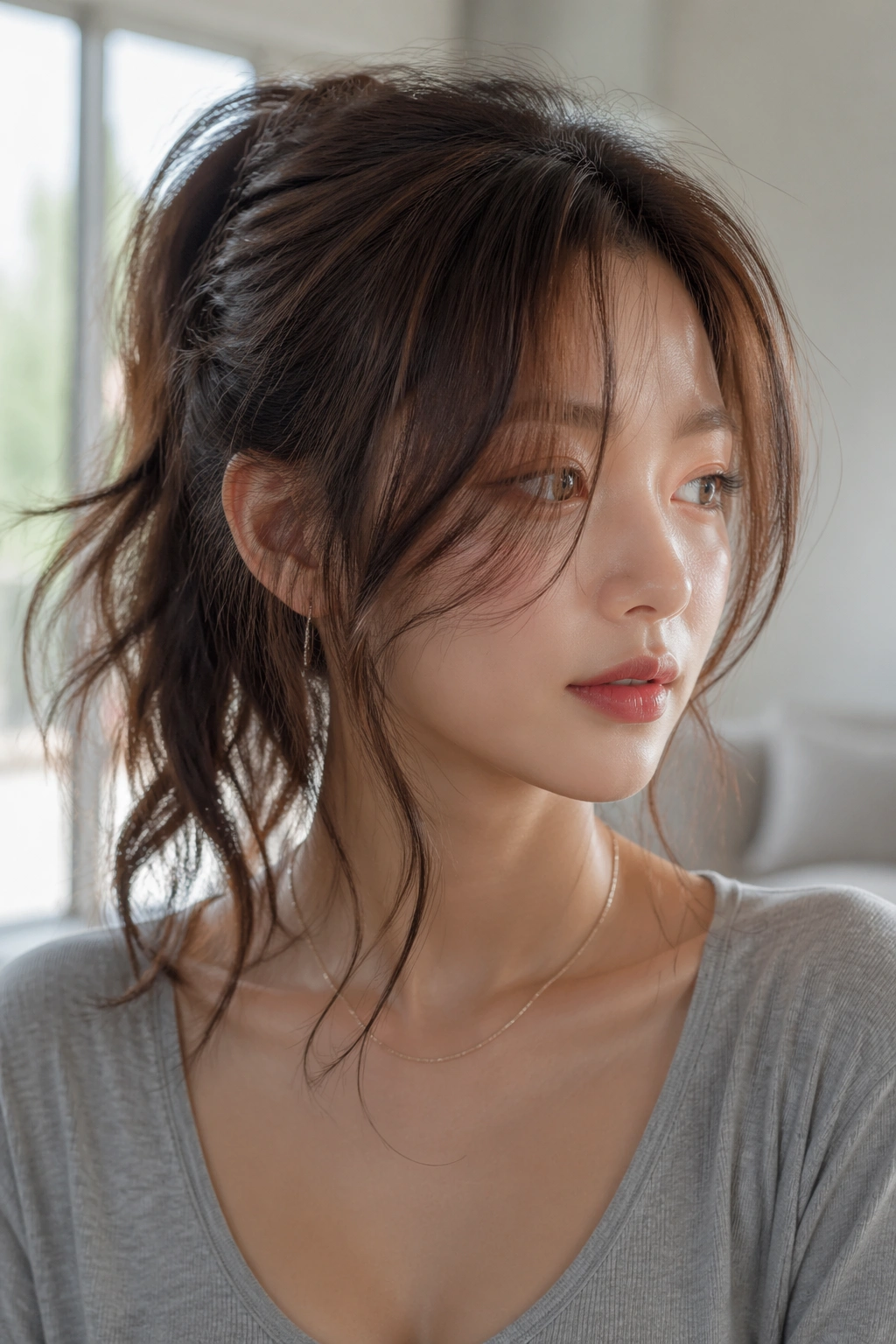 Portrait of a real woman with a messy textured ponytail and long curtain bangs in a bright living room