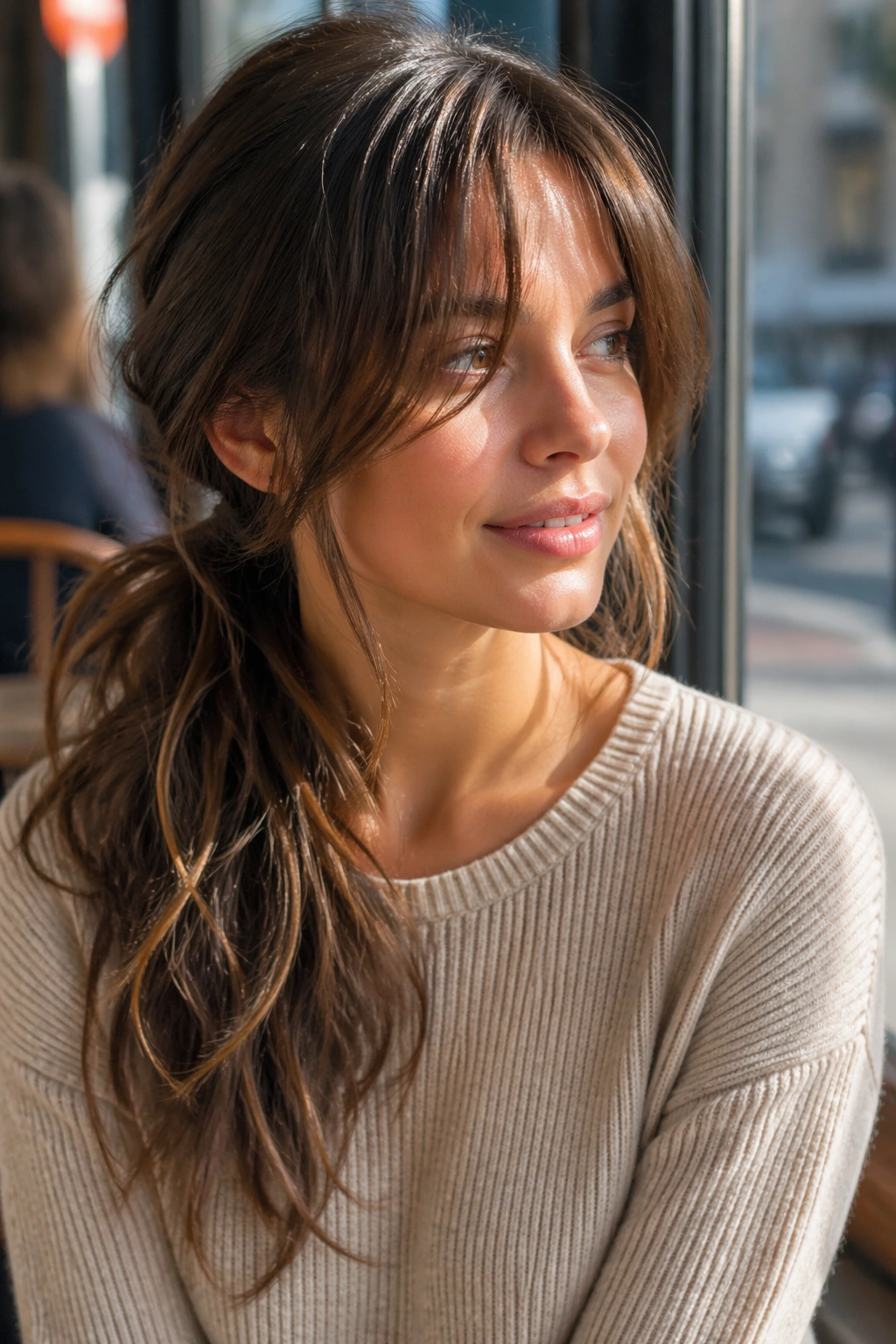 Close-up of a woman with a textured side ponytail and curtain bangs in a sunlit cafe