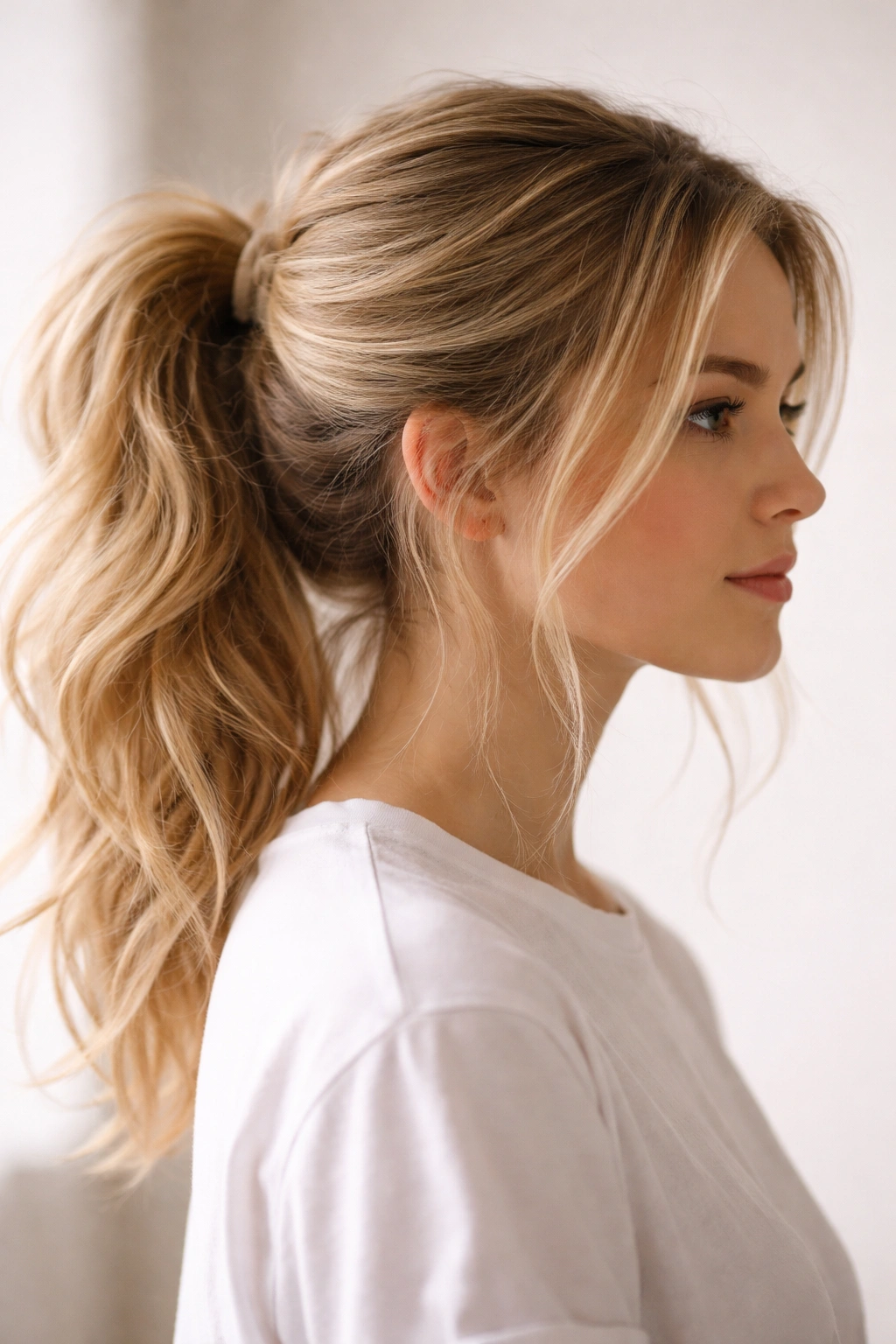 Textured messy ponytail with loose wisps around ears and textured roots.