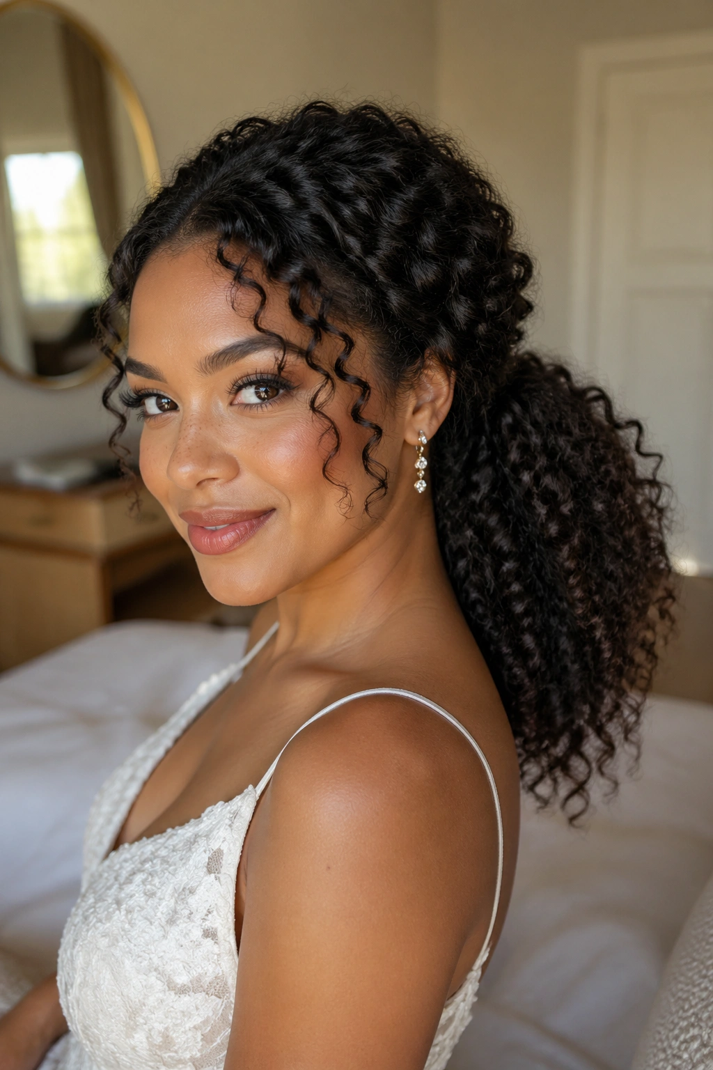 Textured ponytail on natural curls in a real portrait