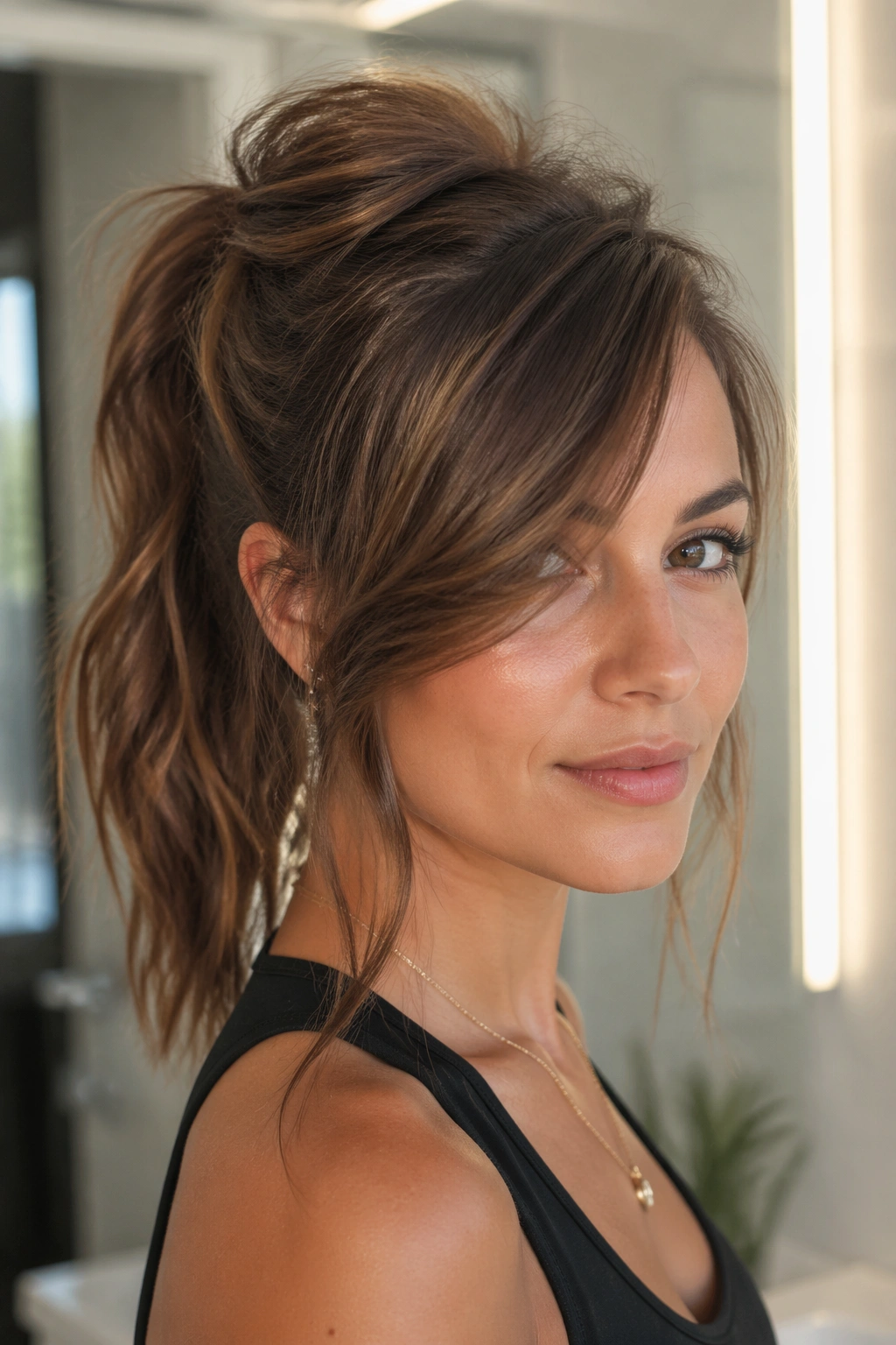 Close-up of a real woman with a textured ponytail and side-swept bangs in bright bathroom lighting.