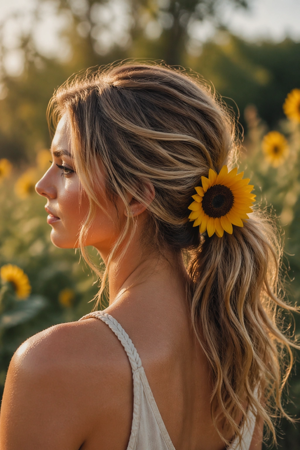 Portrait of woman with textured ponytail and sunflower at the base in sunlit setting.