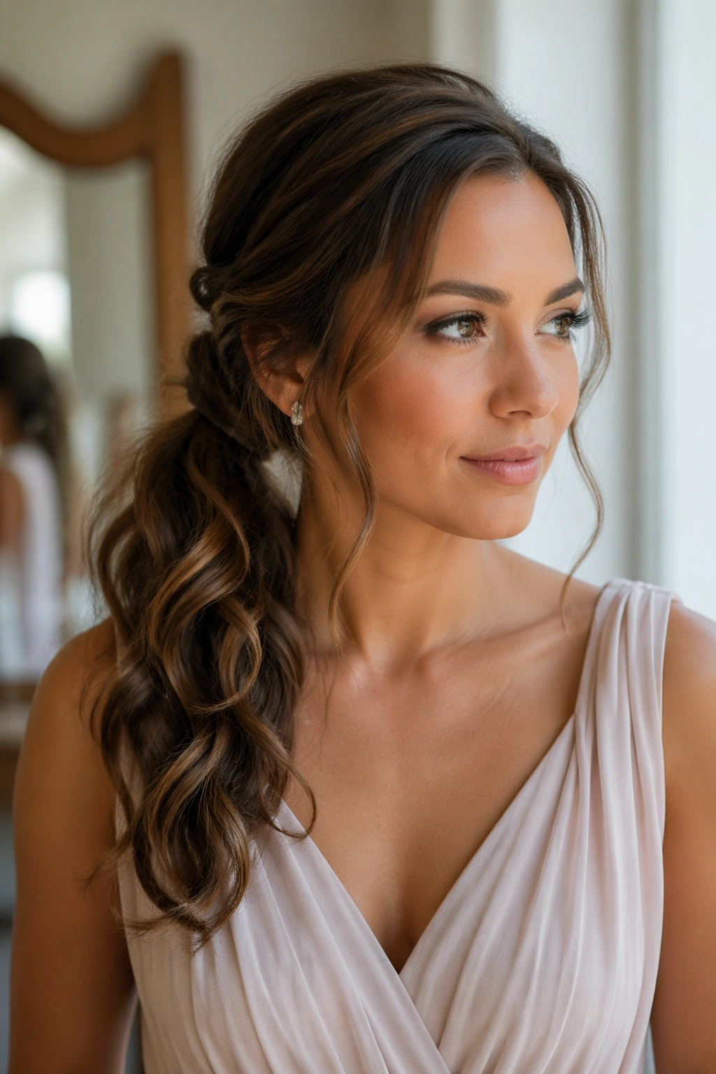 Close-up of a real woman with a textured side ponytail and loose tendrils.