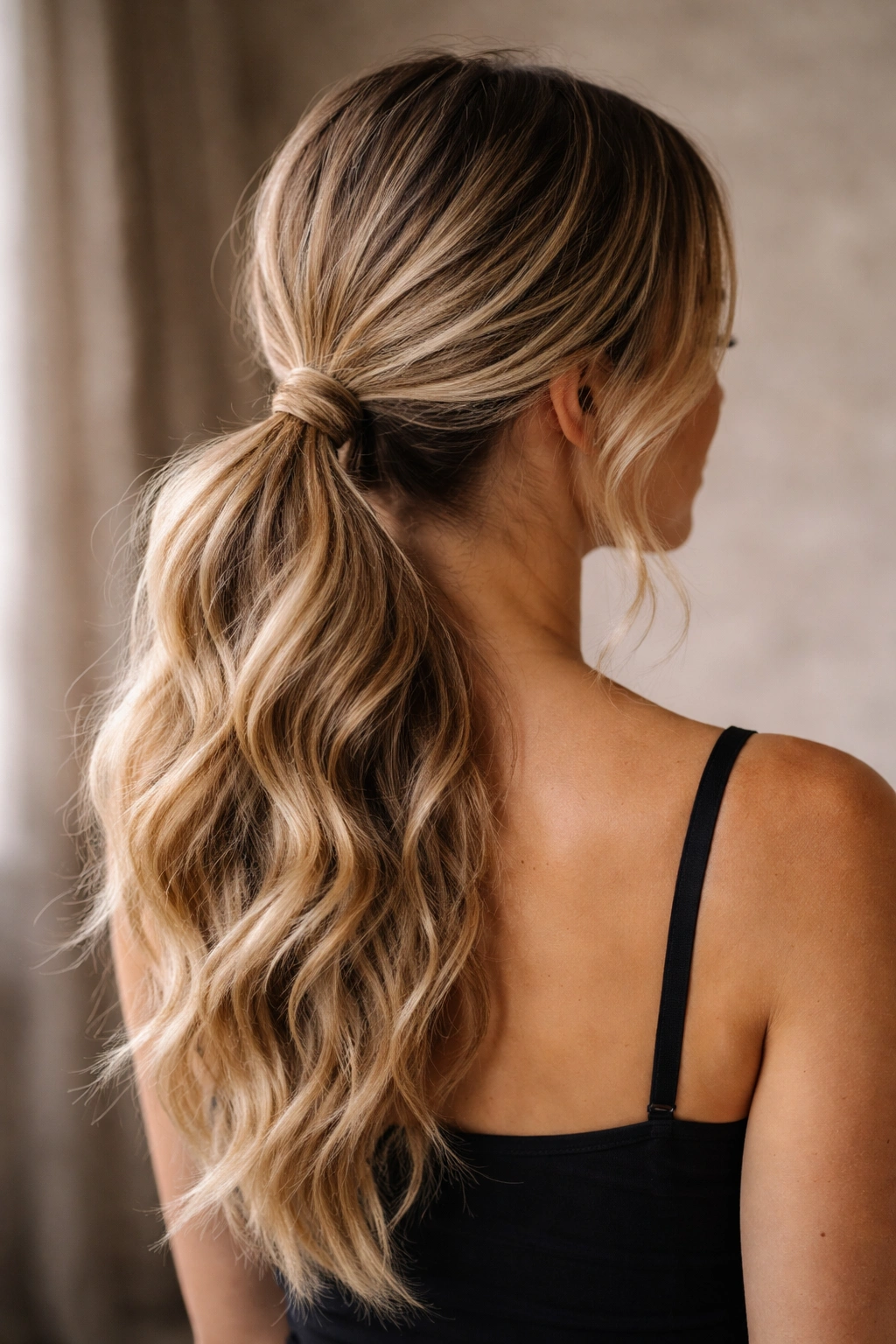Low ponytail with loose waves and textured bends