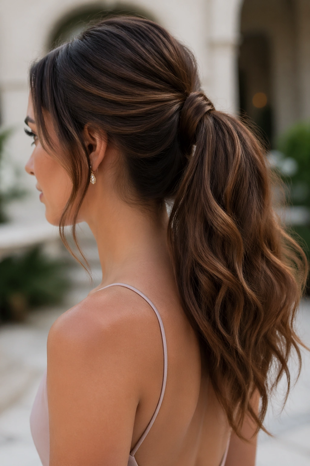 Close-up of a real woman with a textured ponytail and wavy ends