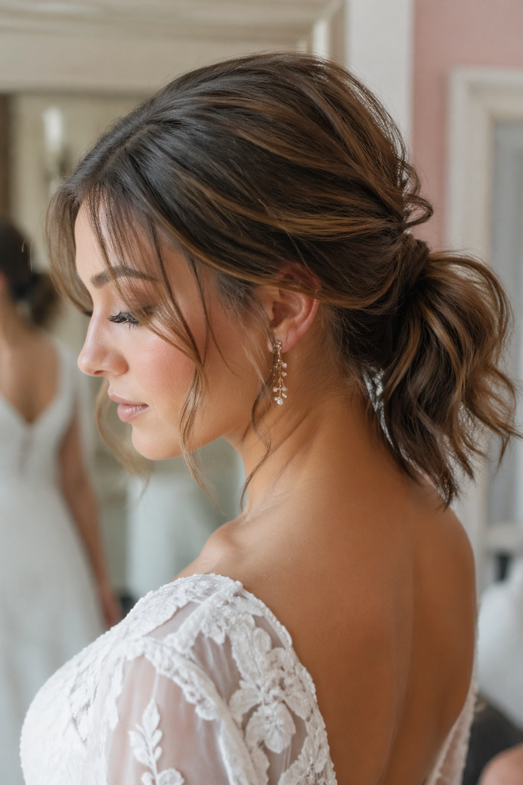 Close-up of a real bride with textured messy ponytail and soft face-framing pieces