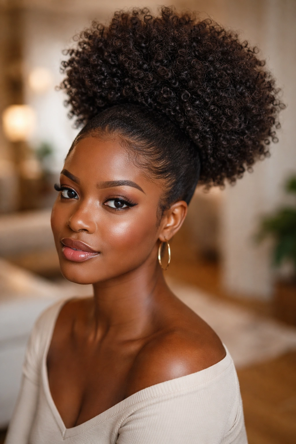 Close-up of a real woman showing a textured puff with hidden elastic wrap