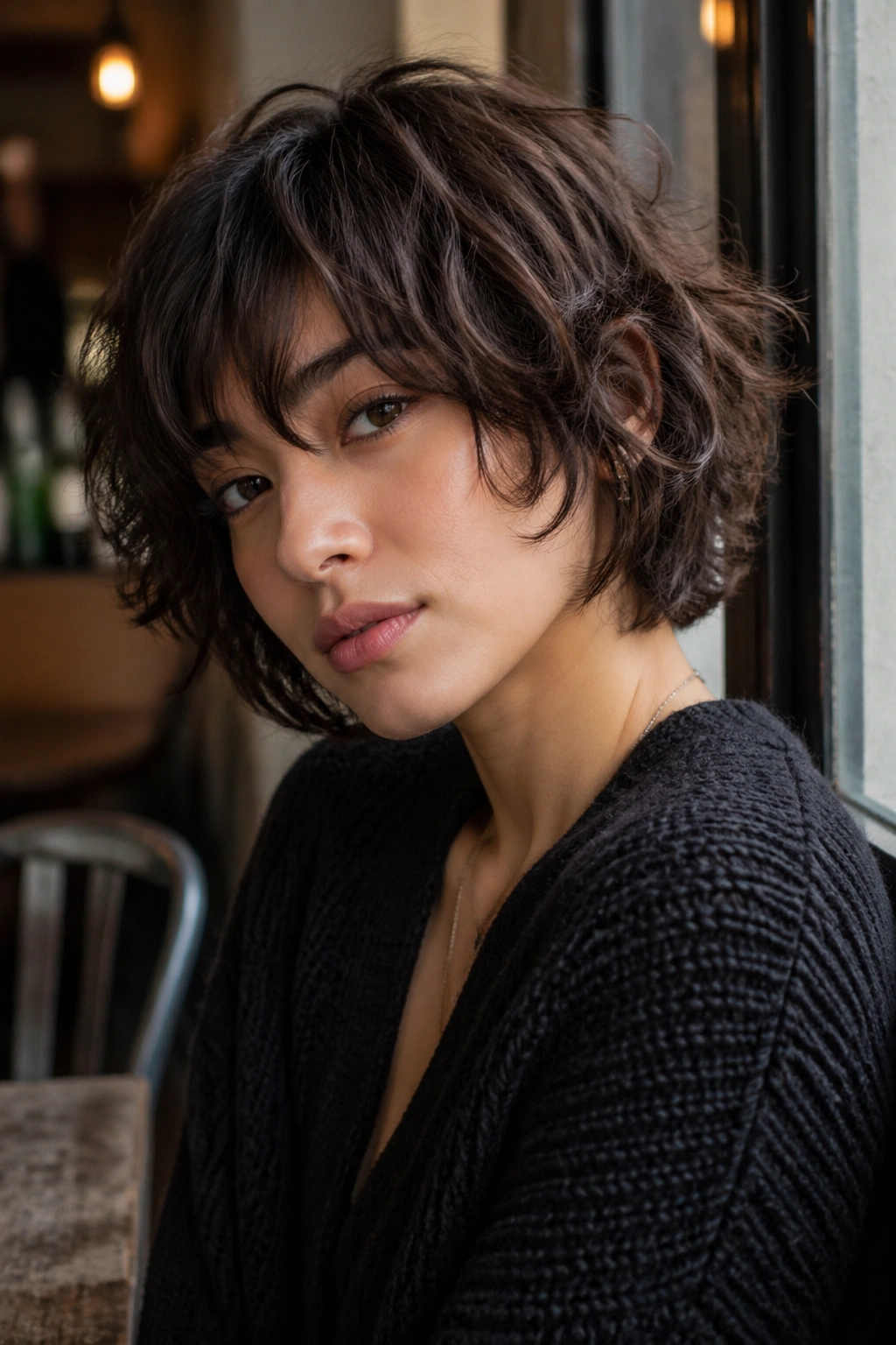 Close-up of a woman with textured shag bob, ear-to-chin length and fringe.