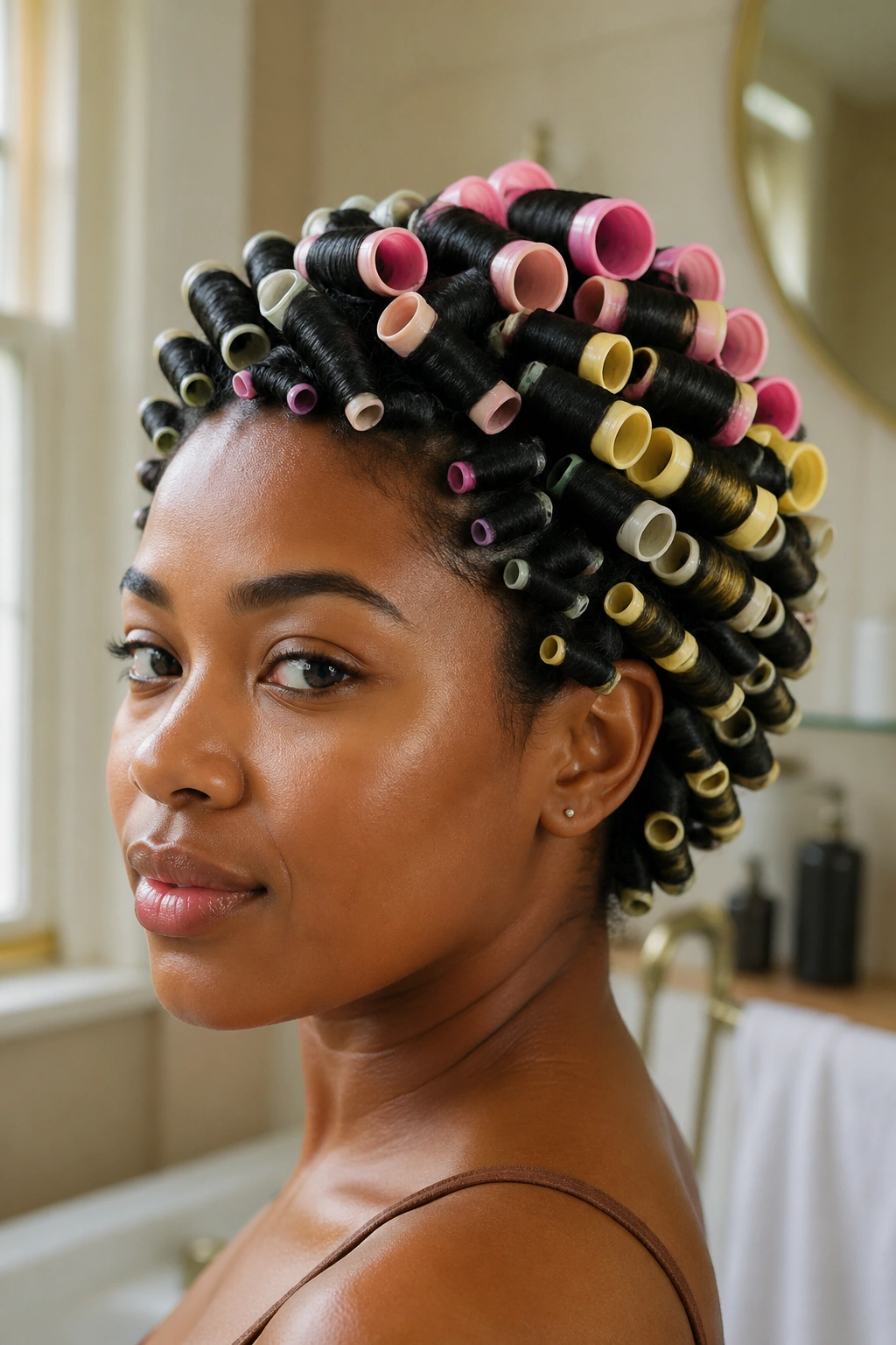 Close-up of mixed straw sizes creating textured straw curls on natural hair