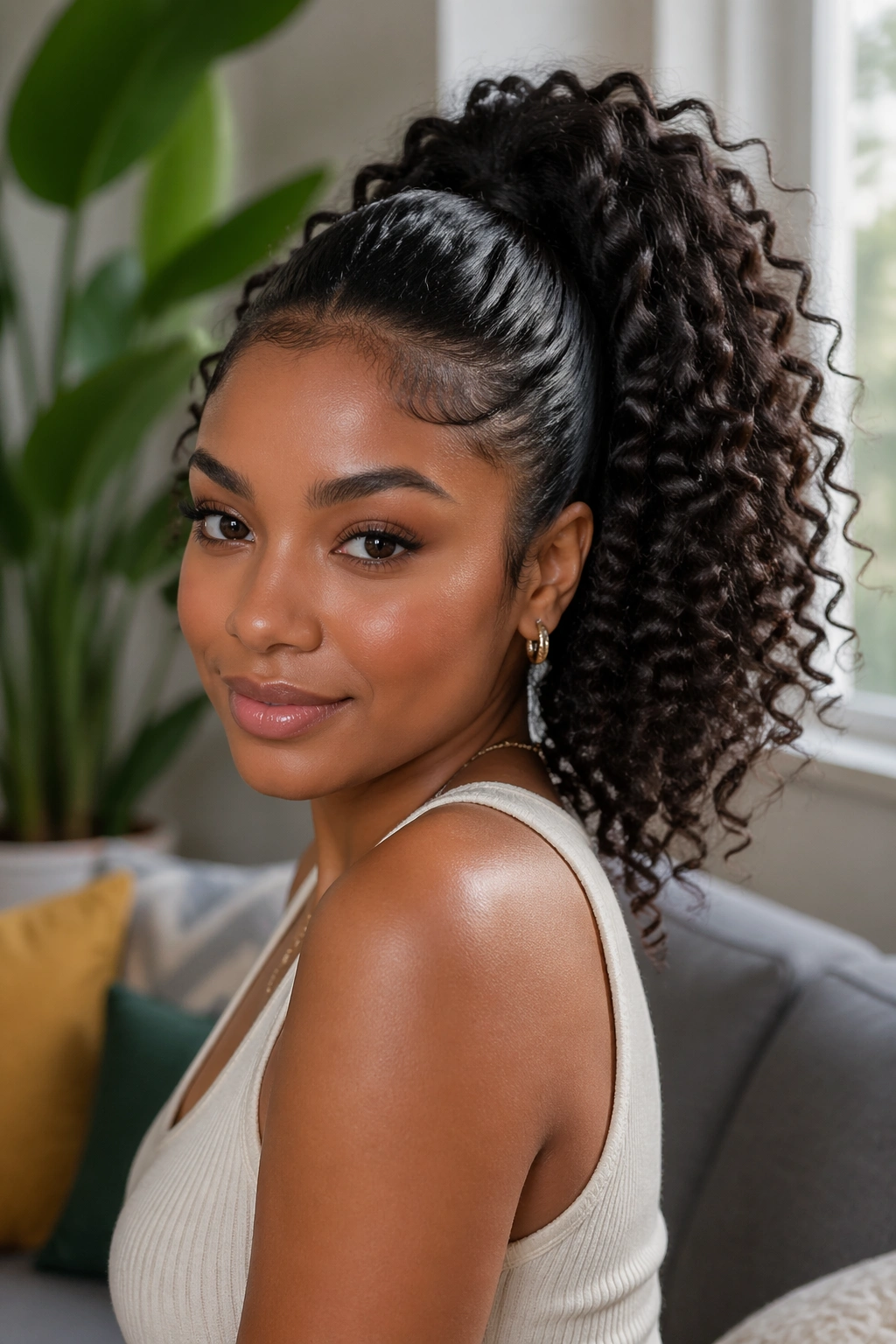 Portrait of a real woman with natural curls and a swoop resting on top of the curl pattern.
