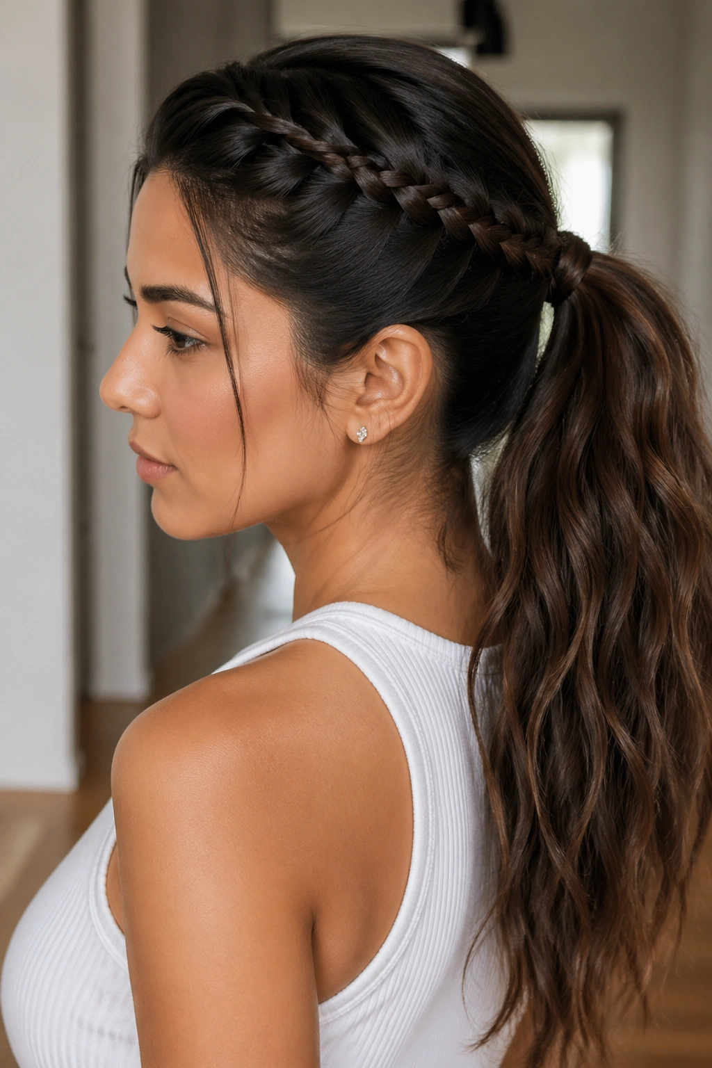 Real woman with sleek side braid and textured ponytail