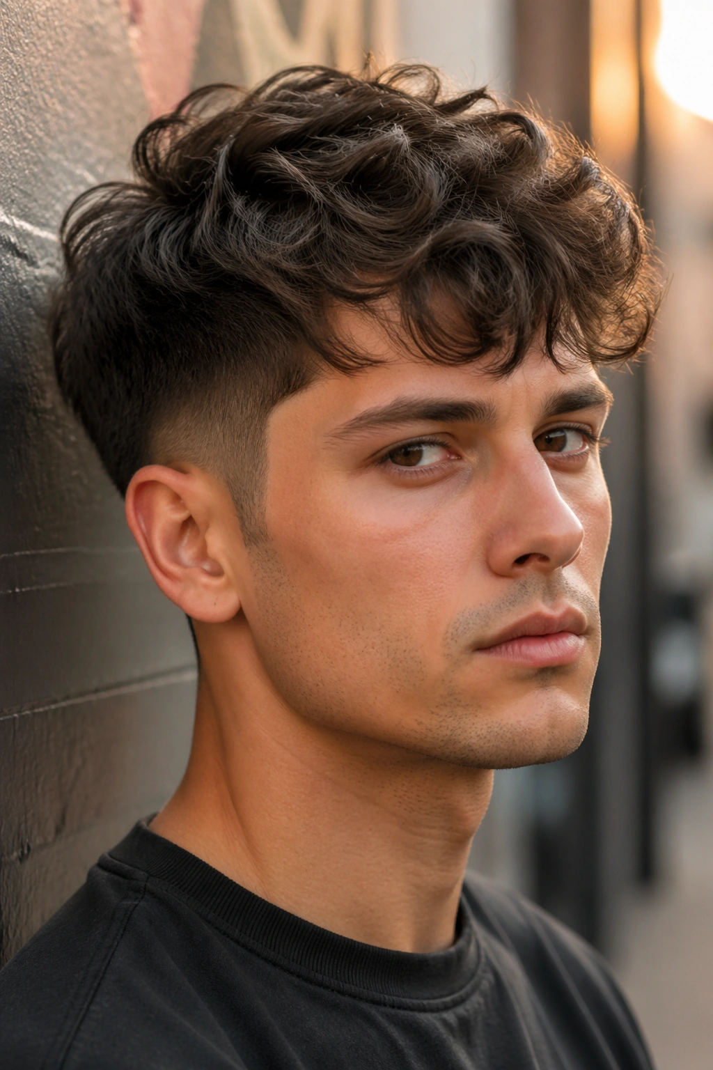 Close-up portrait of a person with textured taper haircut