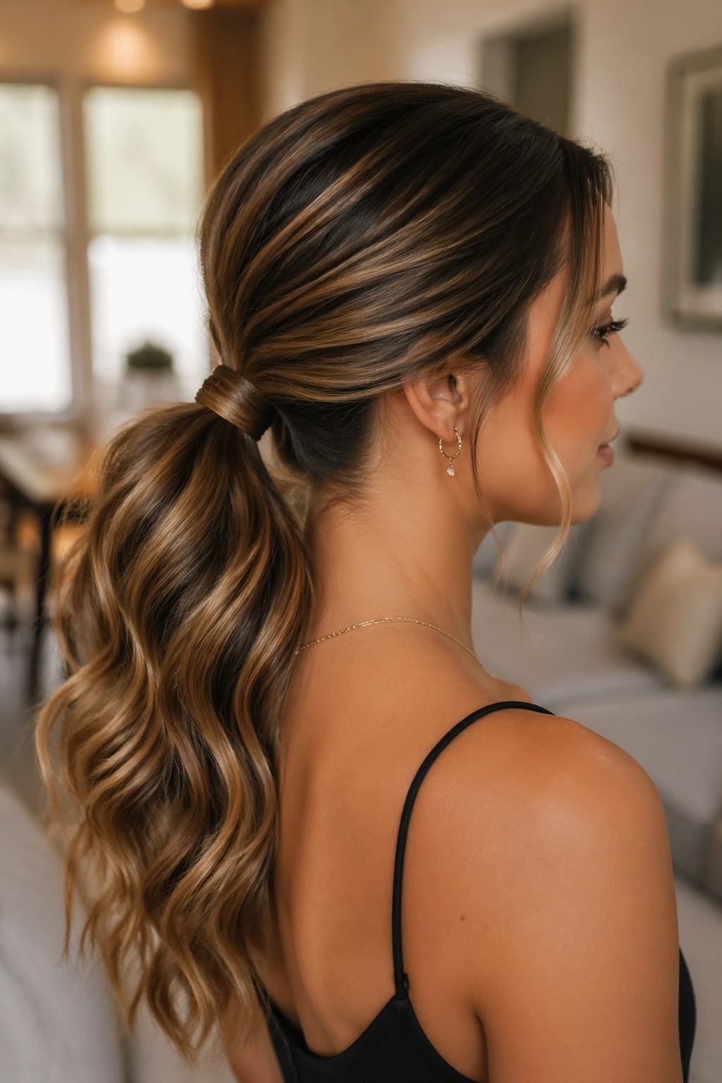 Close-up of textured wave low ponytail on a real woman with waves