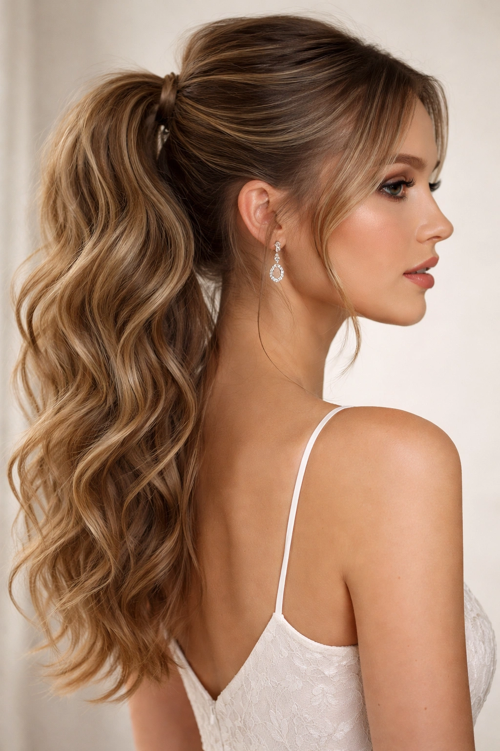 Textured wavy pony hairstyle with volume and defined waves.