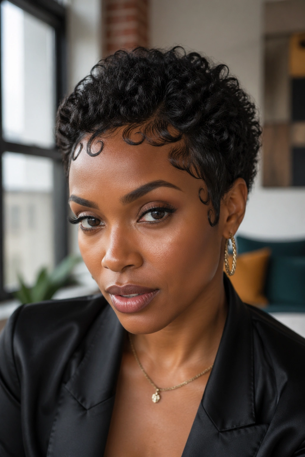Real woman with textured short haircut and edge styling