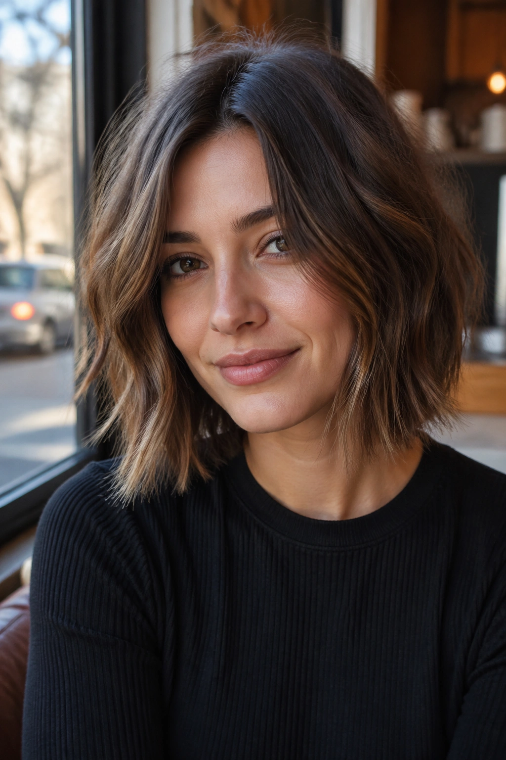 Close-up of a real woman with a texturized lob featuring uneven ends and airy movement