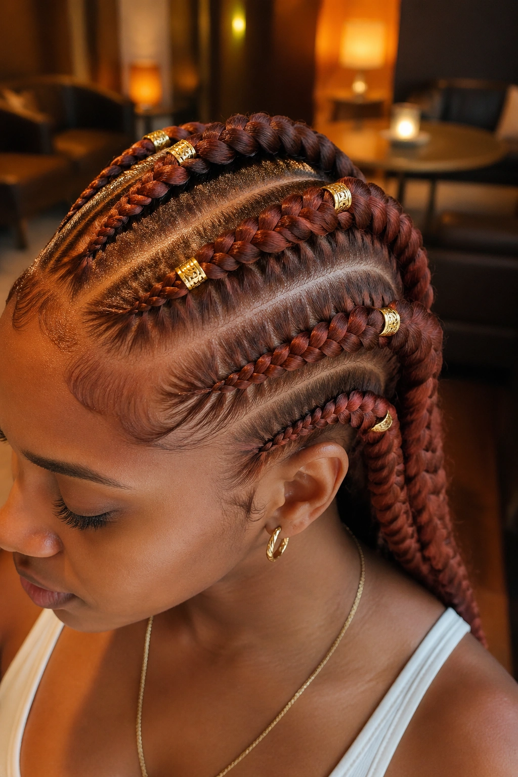 Real person with thick auburn cornrows and gold cuffs