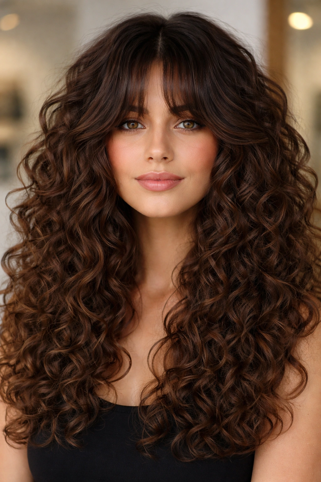Close-up portrait of a woman with dense curls and thick curtain bangs in a chic salon setting