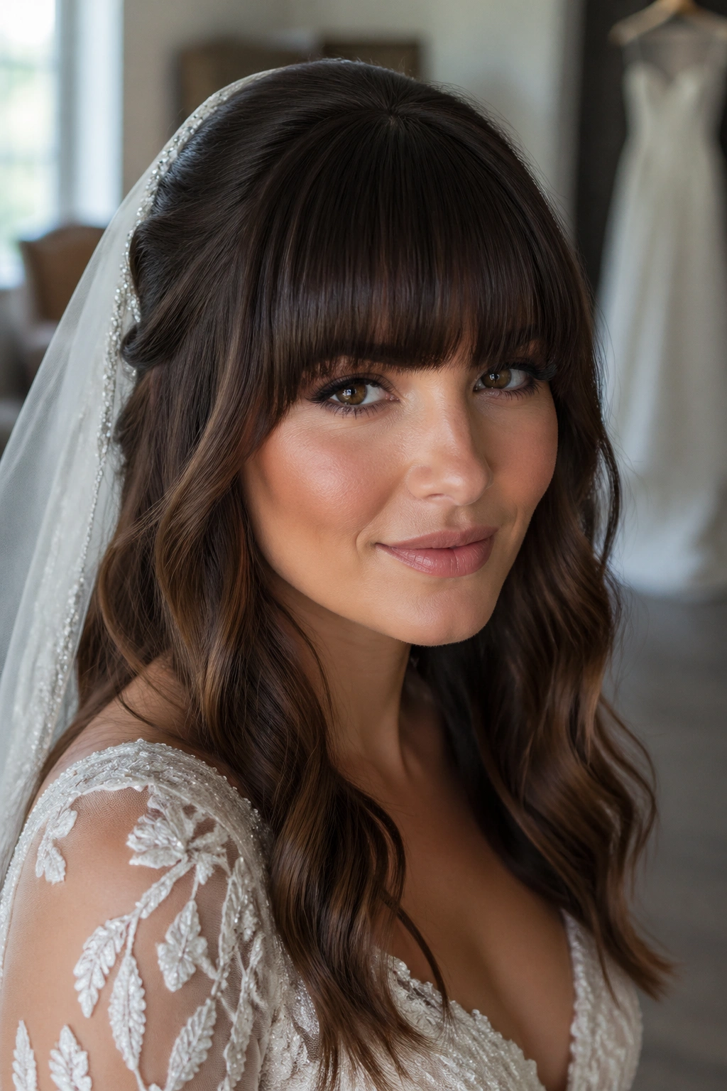 Bride with thick bold bangs and contrasting waves close-up