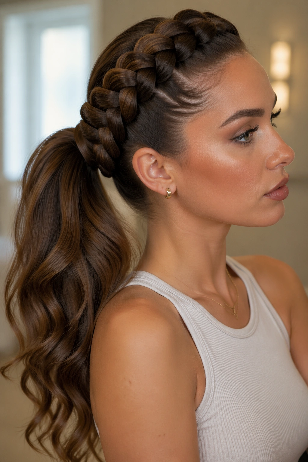 Close-up of a real woman with a thick chunky side stitch braid ponytail