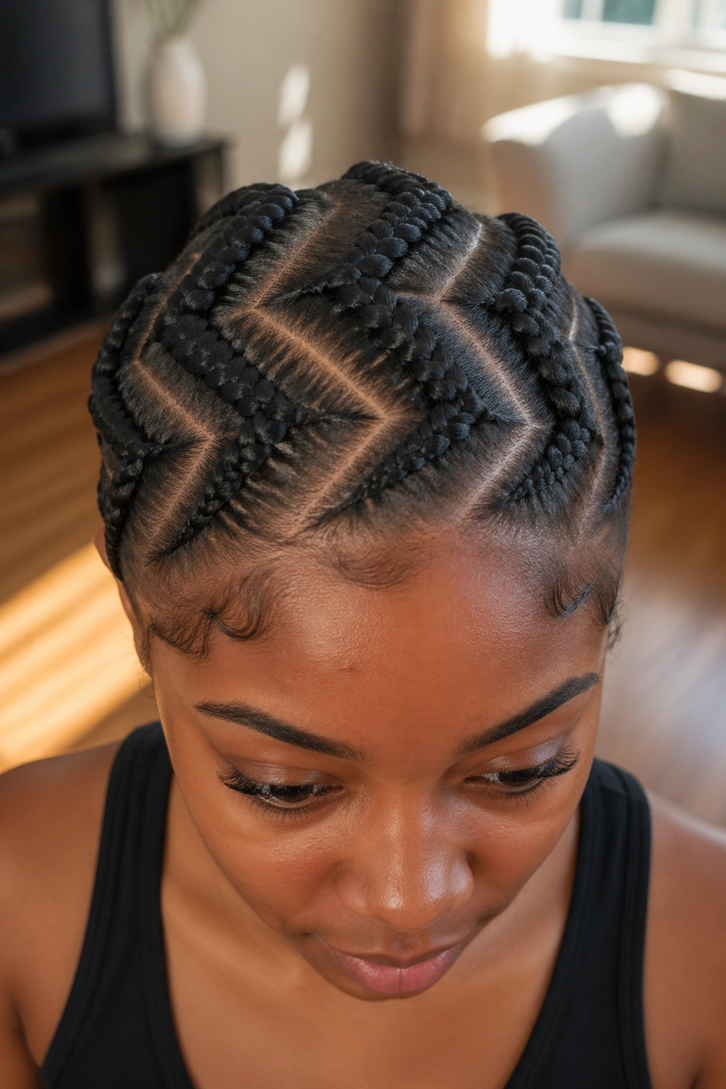 Close-up of thick chunky zigzag three-row cornrows on a real Black woman.