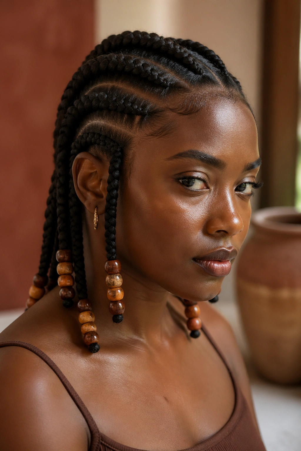 Close-up of thick cornrows with large terracotta beads on a real person