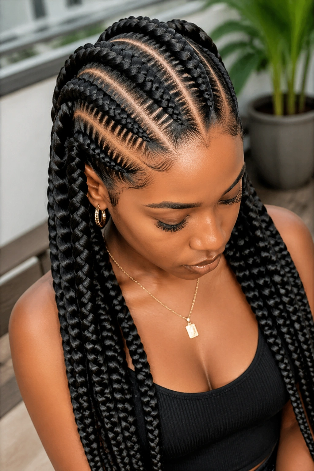 Real person with thick cornrows leading into chunky box braids in a realistic setting.