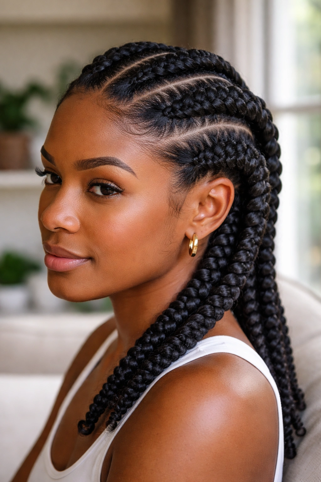 Close-up of thick natural hair cornrows on real person