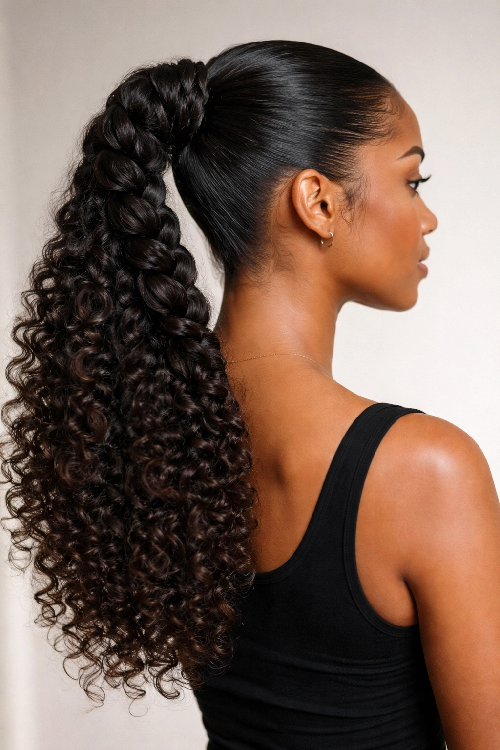 Braided ponytail on thick dense curls showing weight and balance