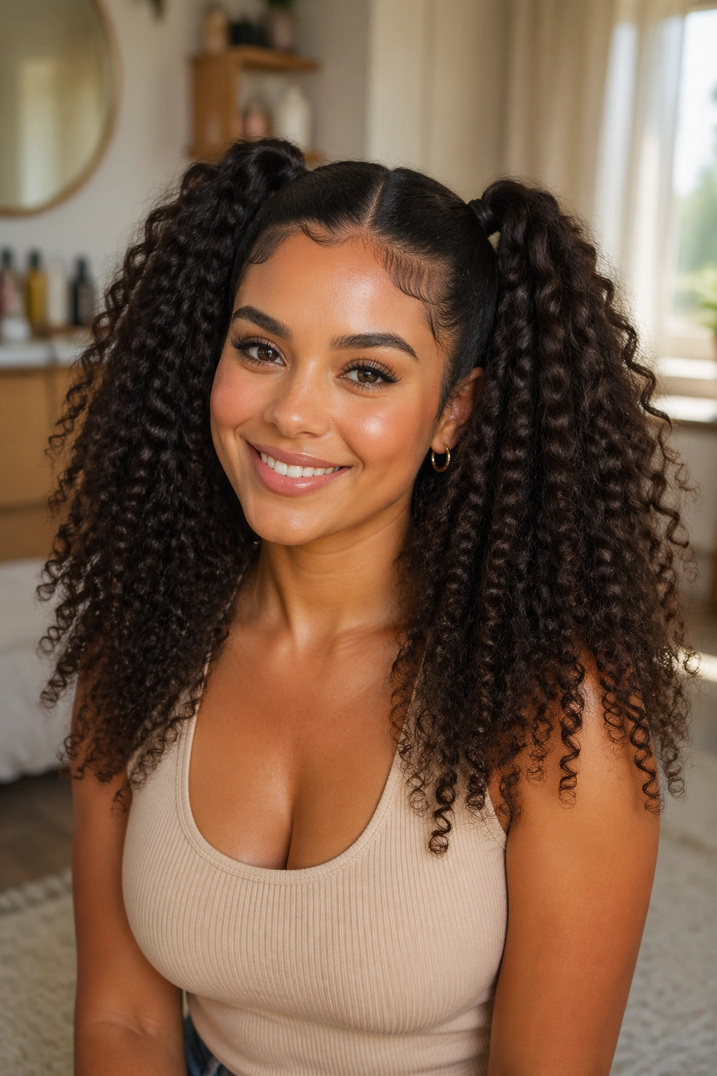 Portrait of a real woman with thick dense curls in two roomy ponytails