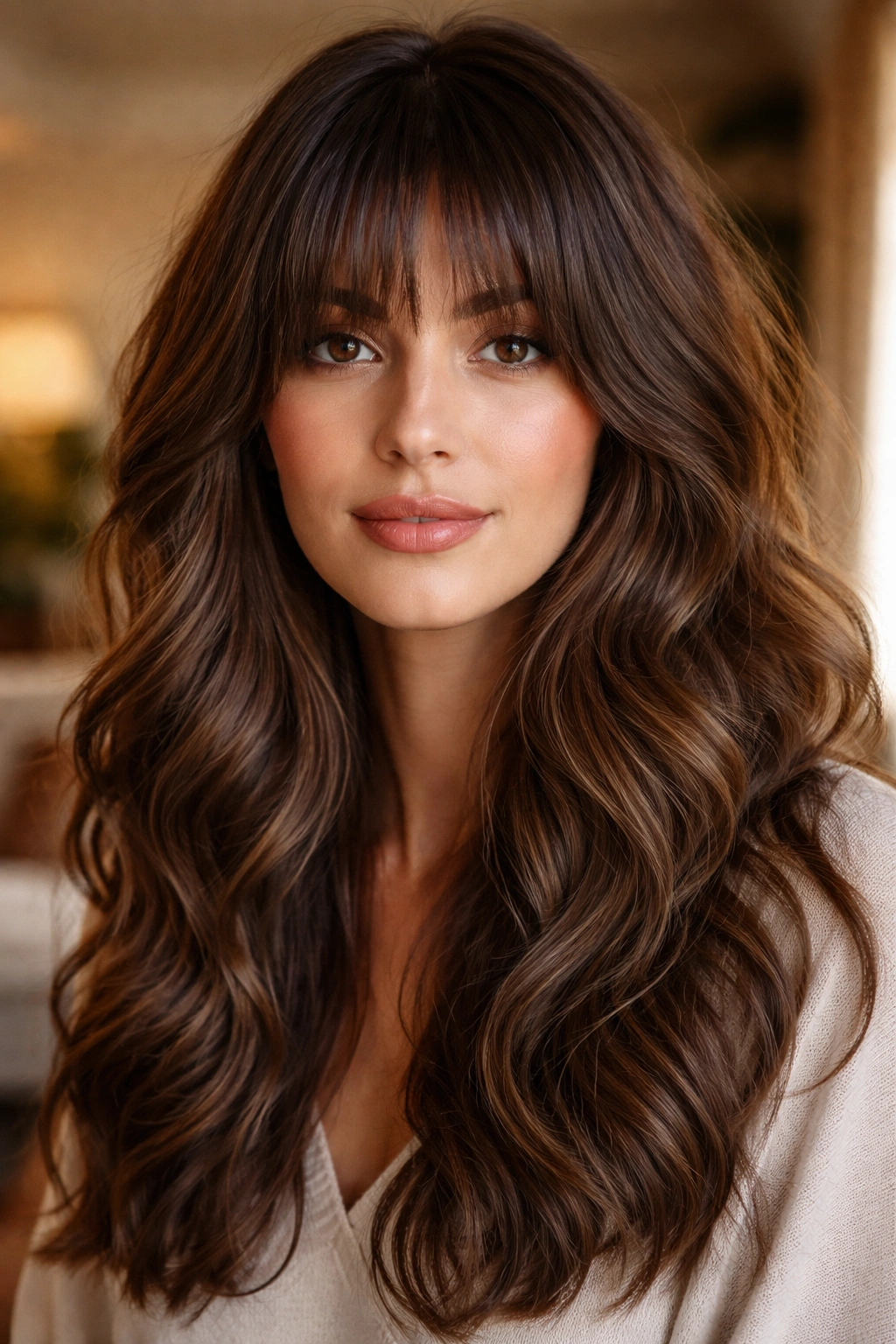 Real woman with thick curtain bangs on dense waves.