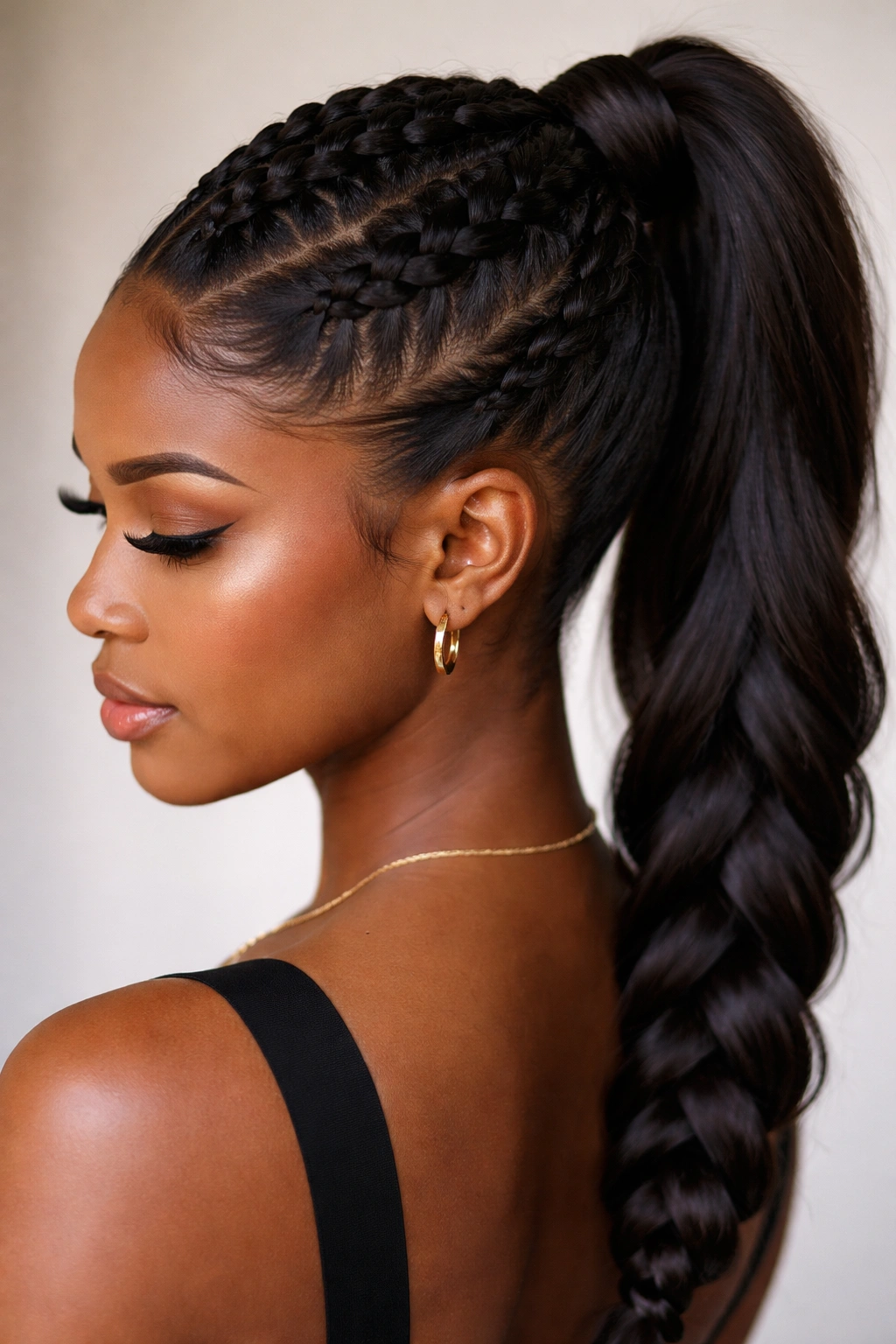 Close-up of a thick Dutch braid ponytail showing raised 3D braids along the scalp