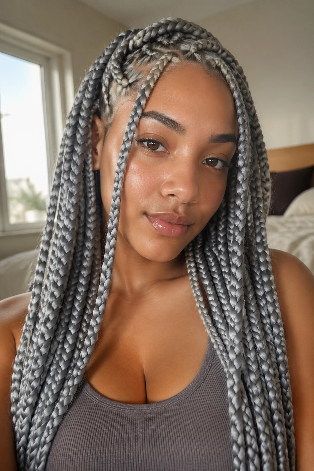Close-up of a woman with thick grey box braids framing her face.