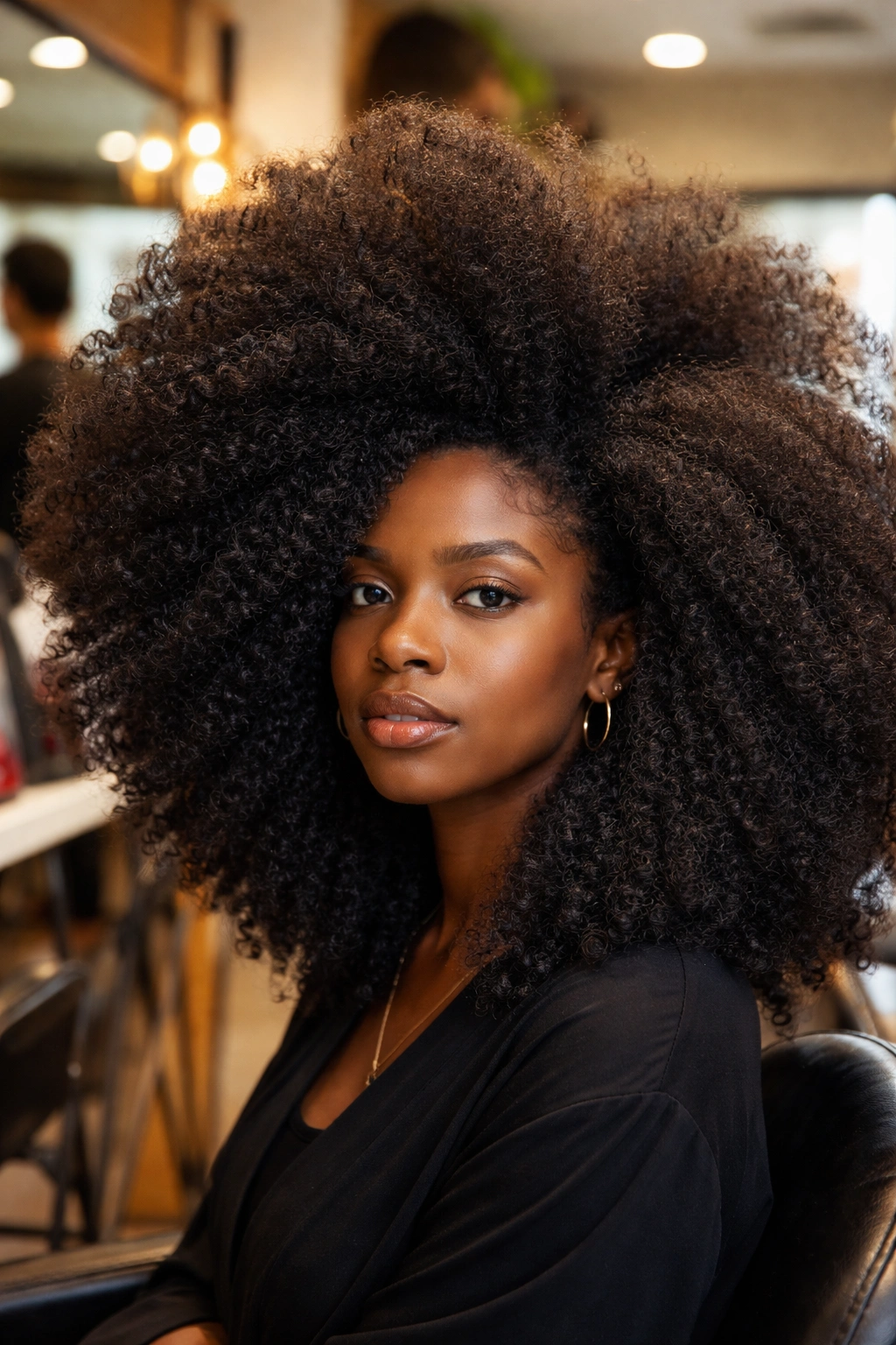 Close-up portrait of thick afro hair filling the frame in a salon