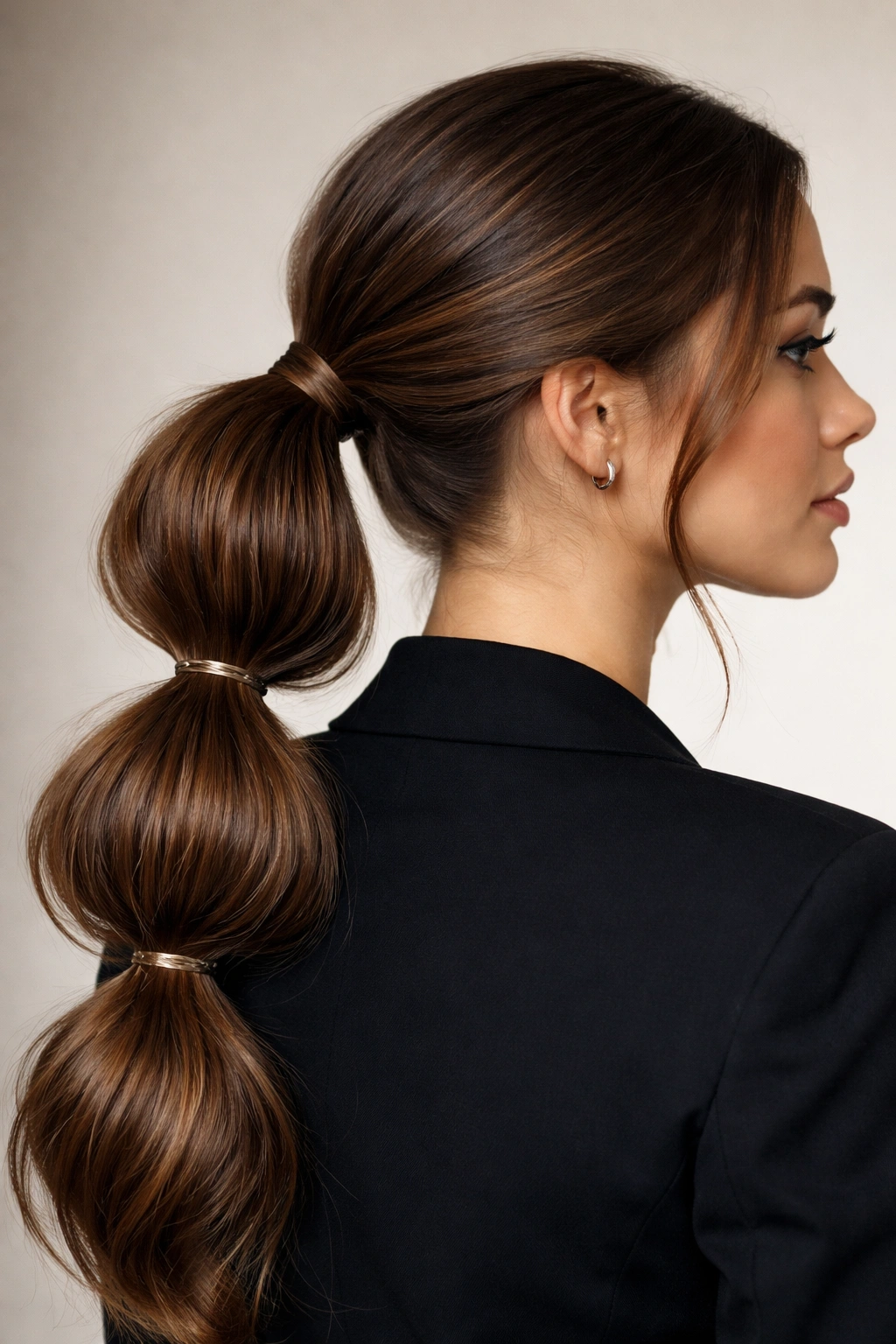 Side view of thick-haired bubble ponytail with large, clean sections