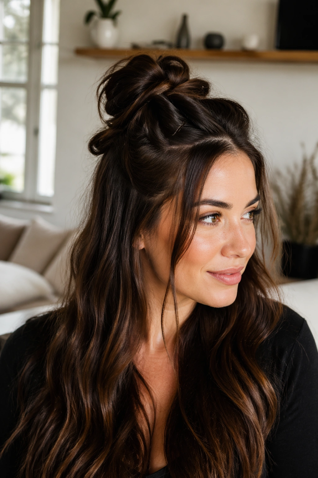 Close-up of a real woman with thick hair in a two-section half-up bun