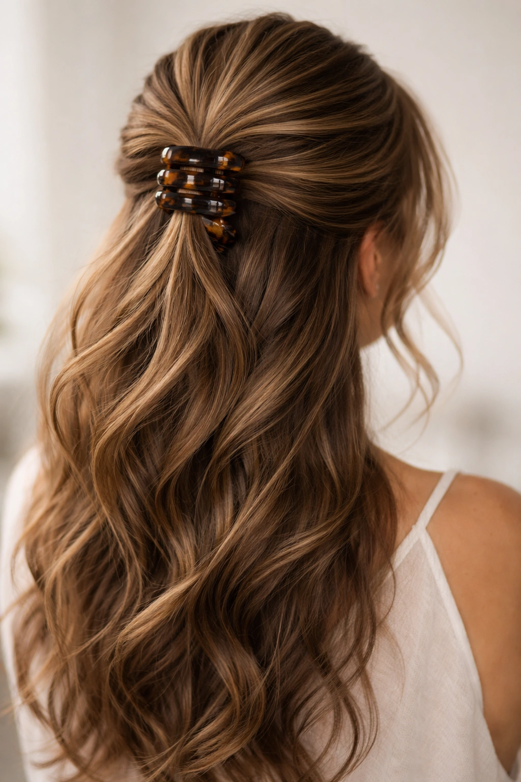 Thick hair half-up with a bold clip and natural texture