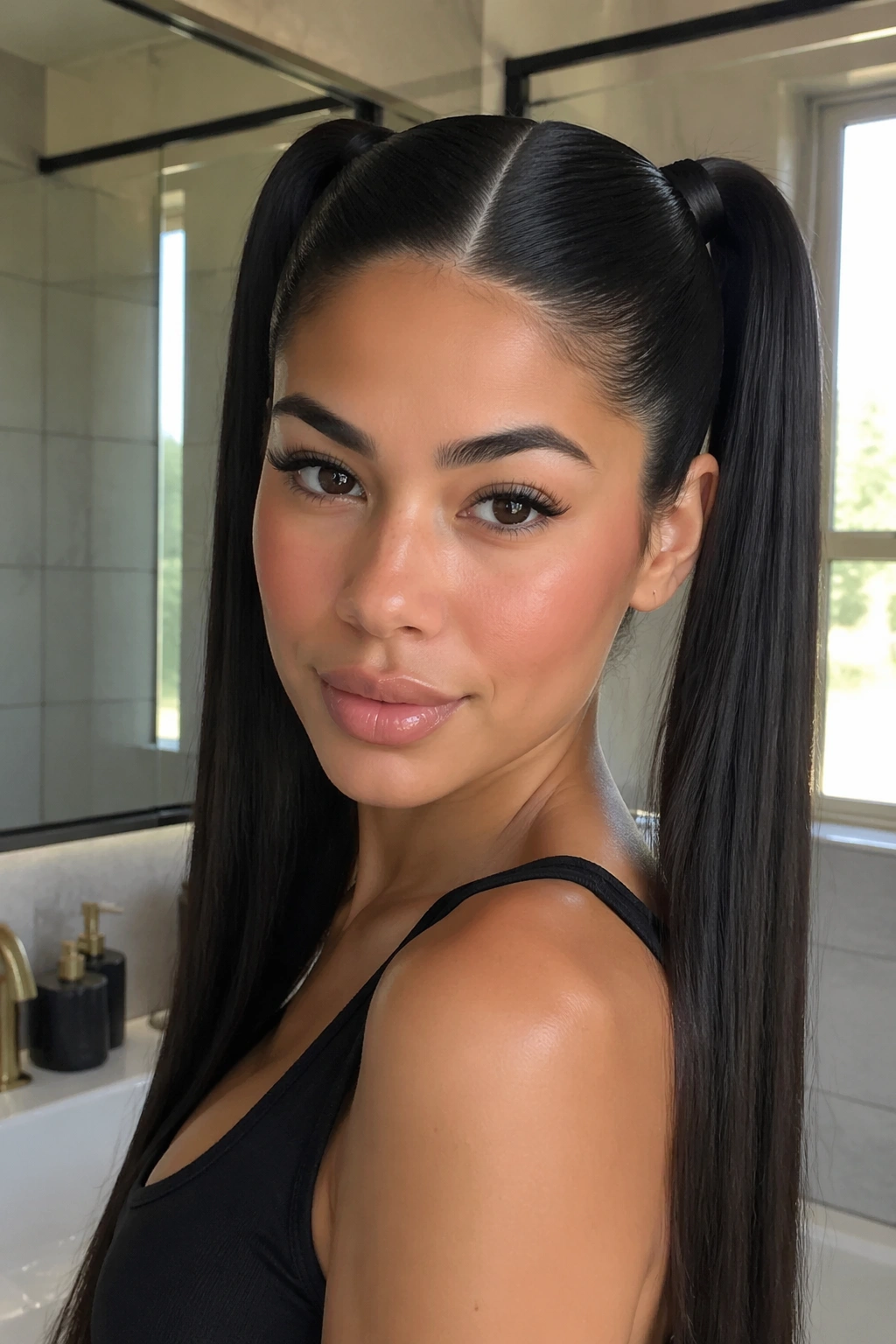 Close-up of a real woman with thick hair in sleek double ponytails
